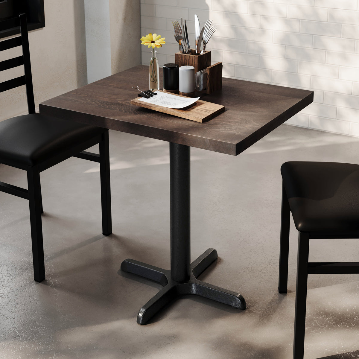 Dark Brown Top/Black Base,30"L x 24"W |#| Commercial 24x30 DK Brown Wood Tabletop and 22x22 Black Cast Iron X Base