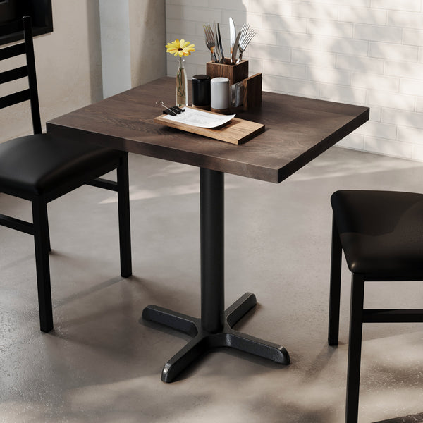 Dark Brown Top/Black Base,30"L x 24"W |#| Commercial 24x30 DK Brown Wood Tabletop and 22x22 Black Cast Iron X Base