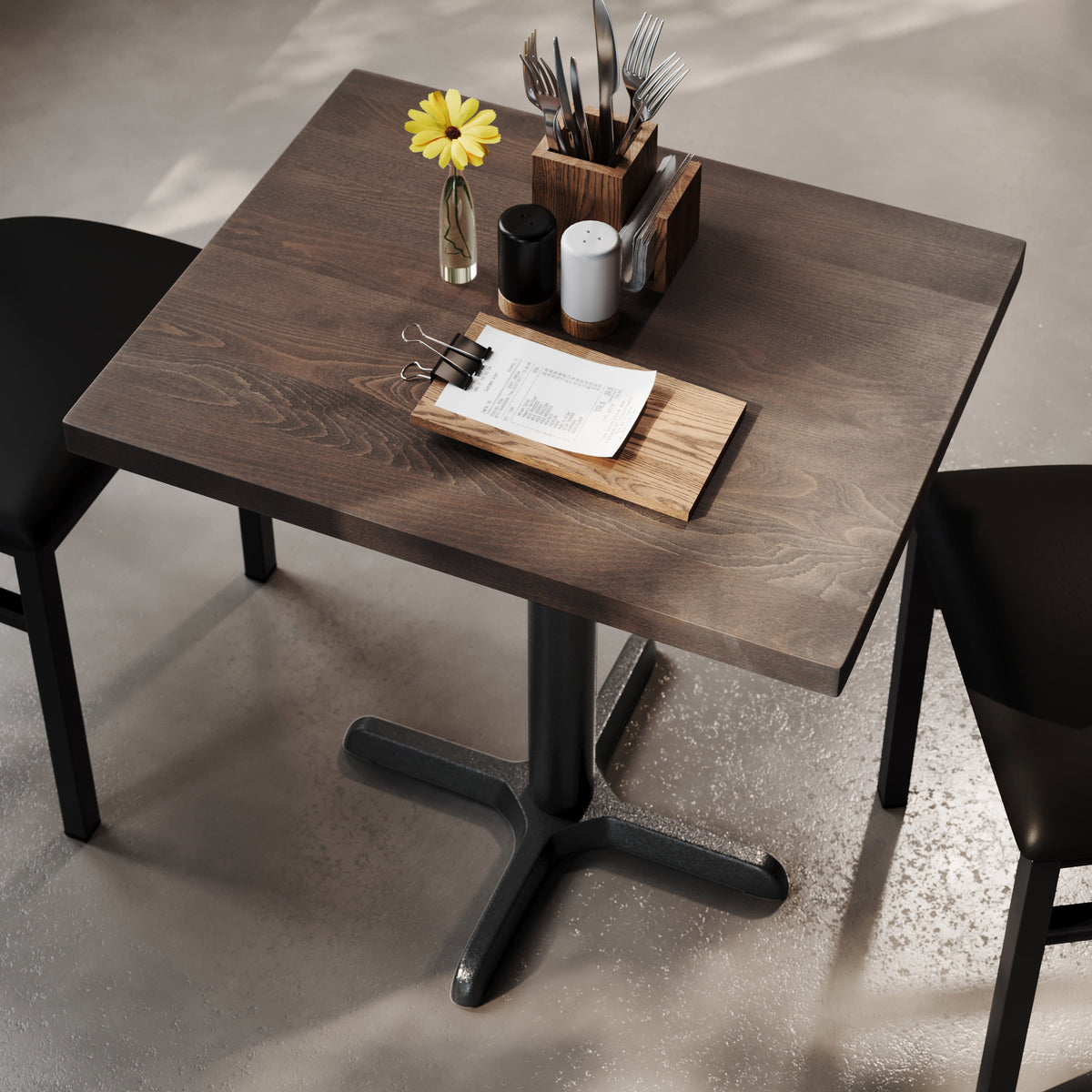 Dark Brown Top/Black Base,30"L x 24"W |#| Commercial 24x30 DK Brown Wood Tabletop and 22x22 Black Cast Iron X Base