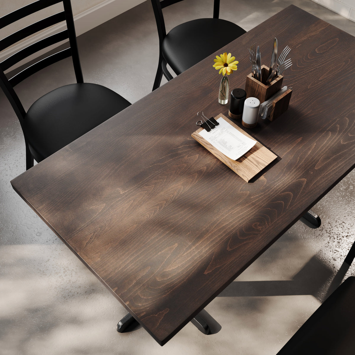 Dark Brown Top/Black Base,60"L x 30"W |#| Commercial 30x60 DK Brown Wood Tabletop and 22x22 Black Cast Iron X Base