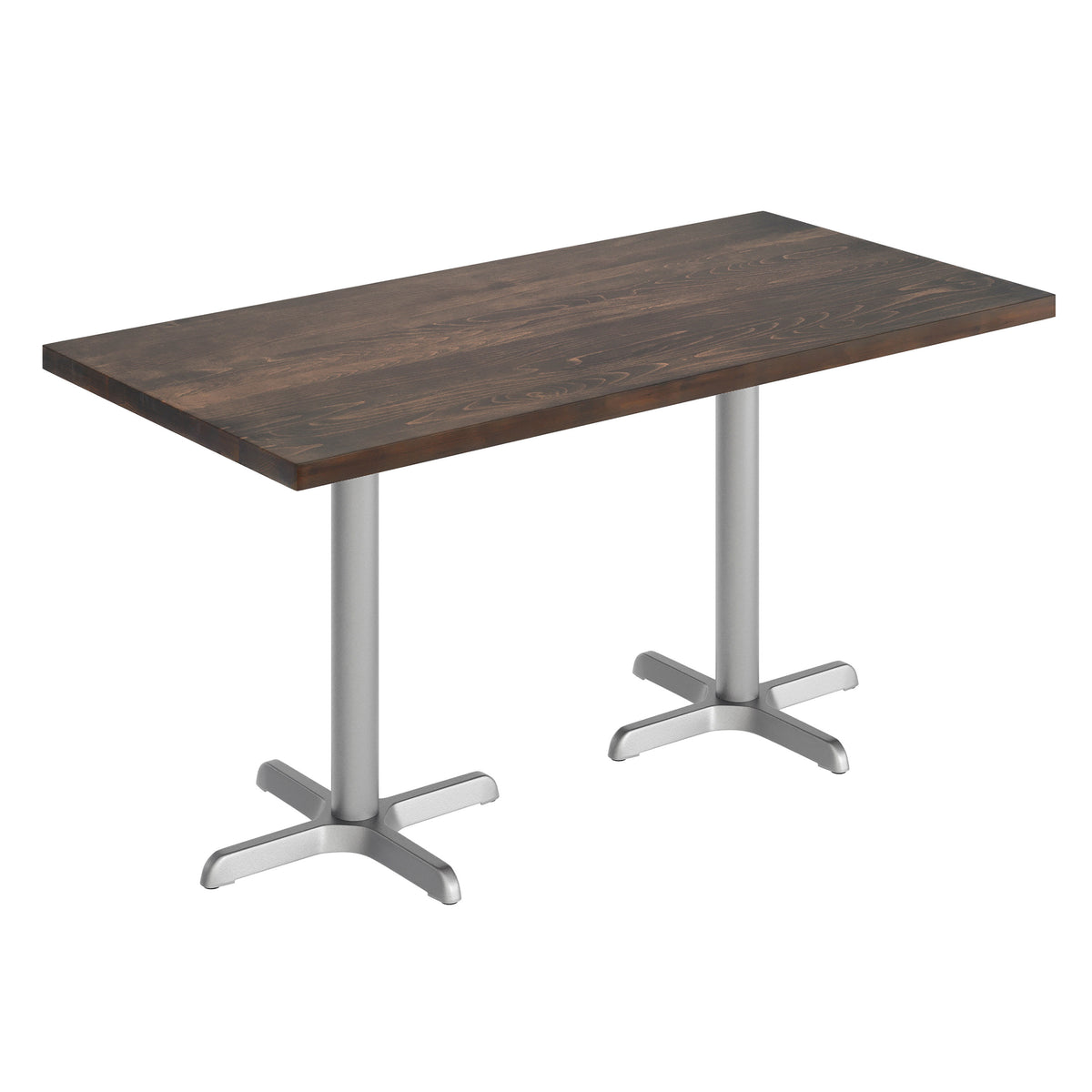 Dark Brown Top/Silver Base,60"L x 30"W |#| Commercial 30x60 DK Brown Wood Tabletop and 22x22 Silver Cast Iron X Base