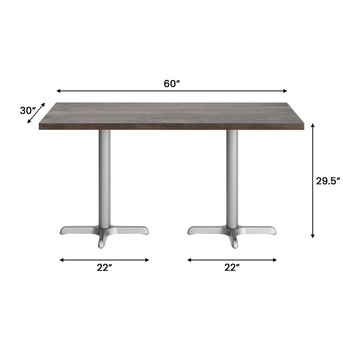 Dark Brown Top/Silver Base,60"L x 30"W |#| Commercial 30x60 DK Brown Wood Tabletop and 22x22 Silver Cast Iron X Base