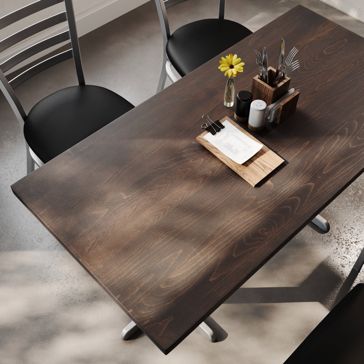 Dark Brown Top/Silver Base,60"L x 30"W |#| Commercial 30x60 DK Brown Wood Tabletop and 22x22 Silver Cast Iron X Base