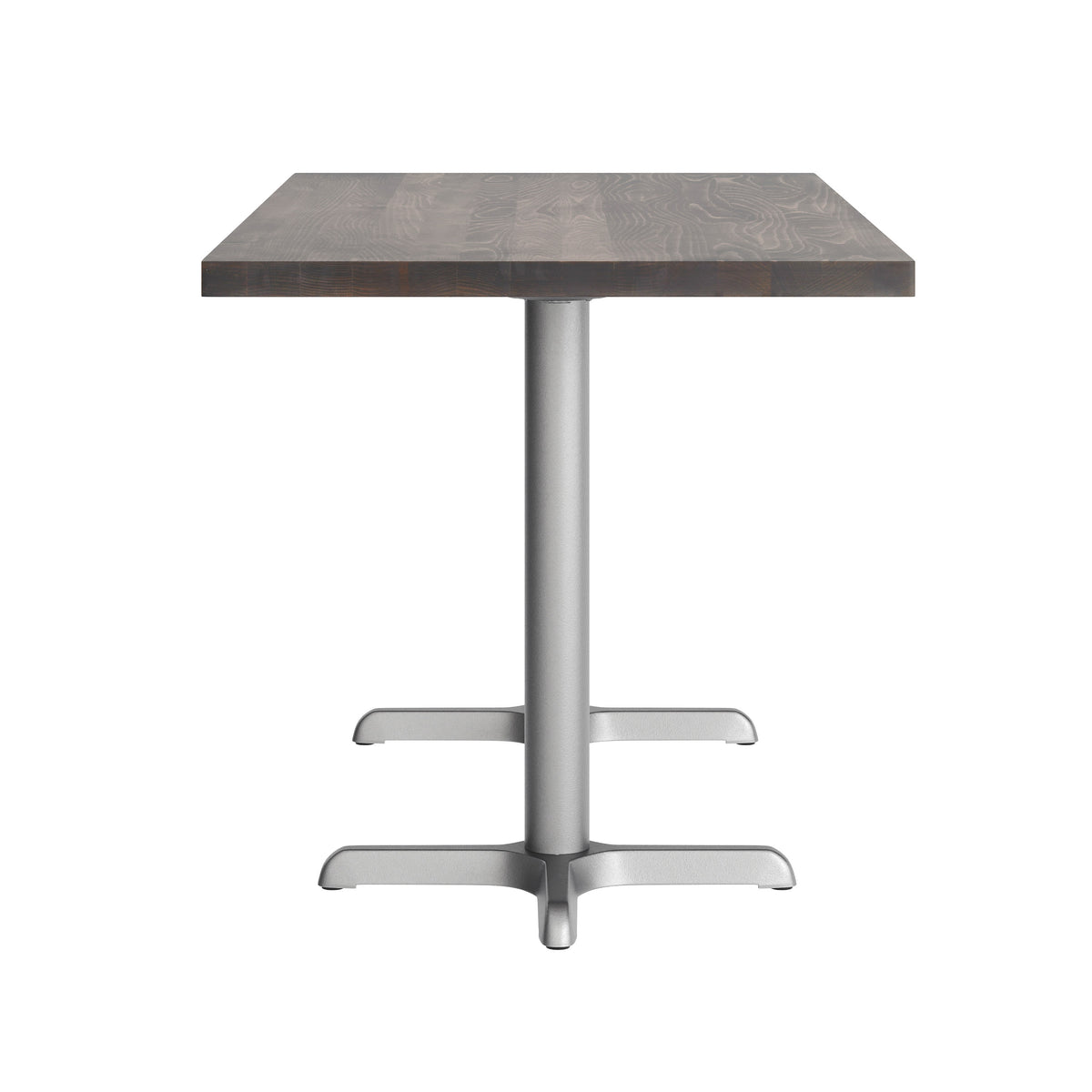 Dark Brown Top/Silver Base,60"L x 30"W |#| Commercial 30x60 DK Brown Wood Tabletop and 22x22 Silver Cast Iron X Base