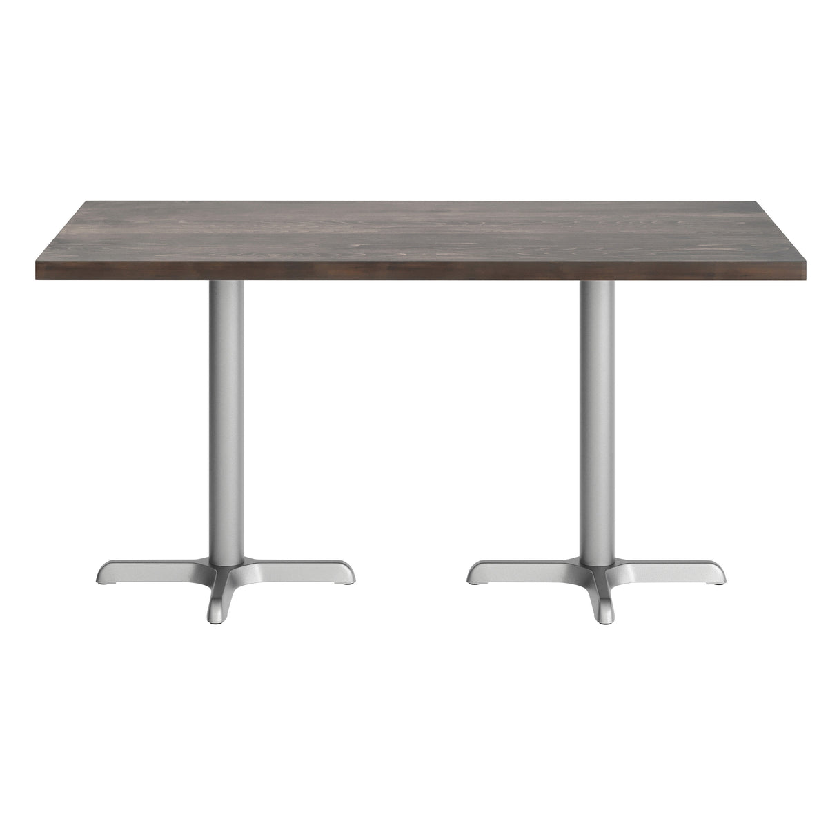 Dark Brown Top/Silver Base,60"L x 30"W |#| Commercial 30x60 DK Brown Wood Tabletop and 22x22 Silver Cast Iron X Base