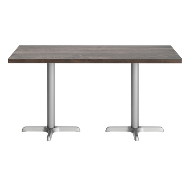 Dark Brown Top/Silver Base,60"L x 30"W |#| Commercial 30x60 DK Brown Wood Tabletop and 22x22 Silver Cast Iron X Base