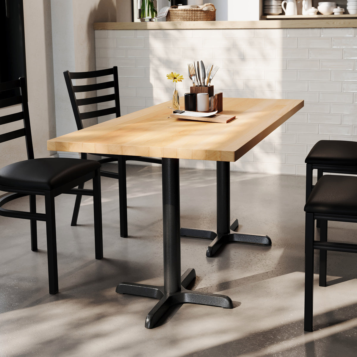 Natural Top/Black Base,60"L x 30"W |#| Commercial 30x60 Natural Wood Tabletop and 22x22 Black Cast Iron X Base