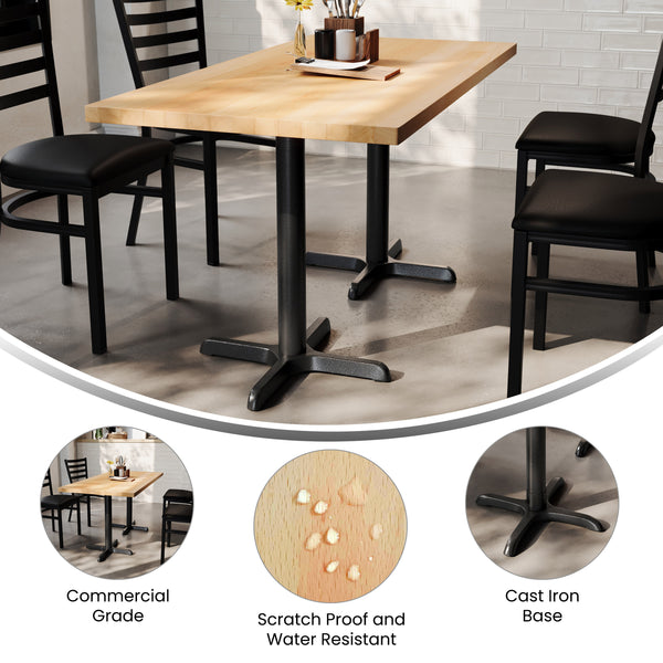 Natural Top/Black Base,60"L x 30"W |#| Commercial 30x60 Natural Wood Tabletop and 22x22 Black Cast Iron X Base