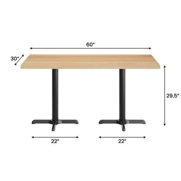 Natural Top/Black Base,60"L x 30"W |#| Commercial 30x60 Natural Wood Tabletop and 22x22 Black Cast Iron X Base