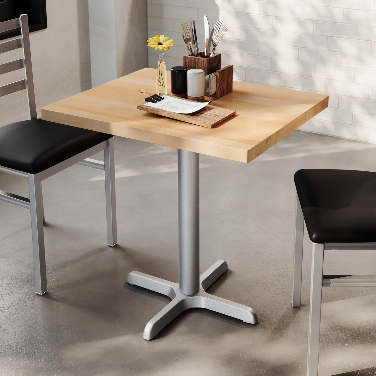 Natural Top/Silver Base,30"L x 24"W |#| Commercial 24x30 Natural Wood Tabletop and 22x22 Silver Cast Iron X Base