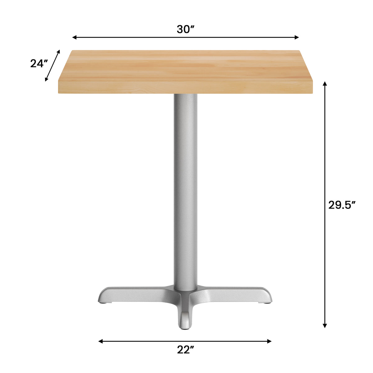 Natural Top/Silver Base,30"L x 24"W |#| Commercial 24x30 Natural Wood Tabletop and 22x22 Silver Cast Iron X Base