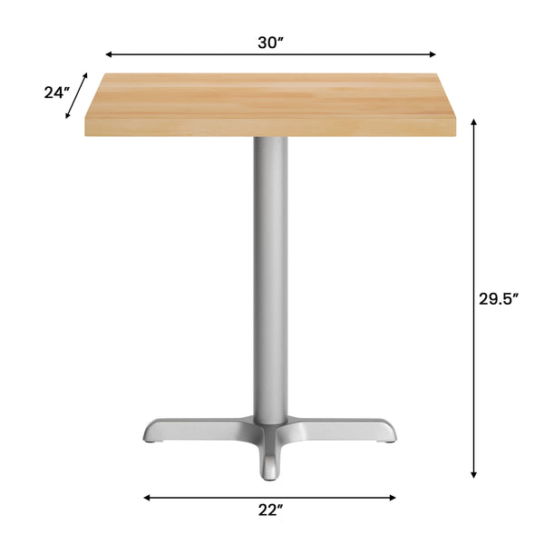Natural Top/Silver Base,30"L x 24"W |#| Commercial 24x30 Natural Wood Tabletop and 22x22 Silver Cast Iron X Base