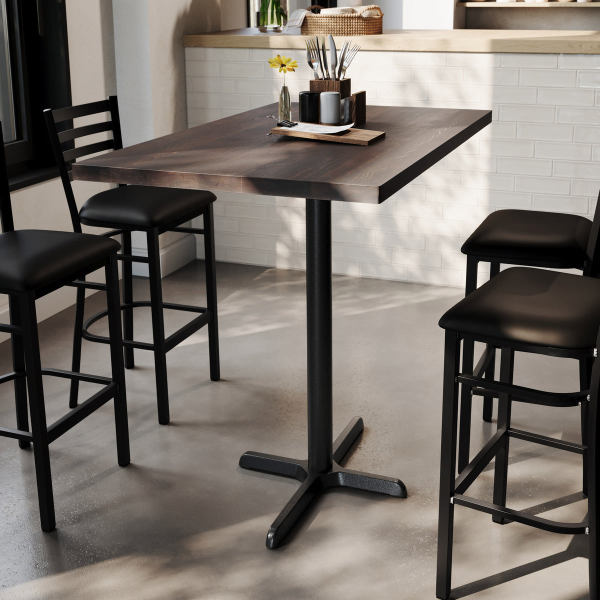 Dark Brown Top/Black Base |#| Commercial 30x48 DK BN Wood Table-23.5x 29.5 Bar Height Black Cast Iron X Base