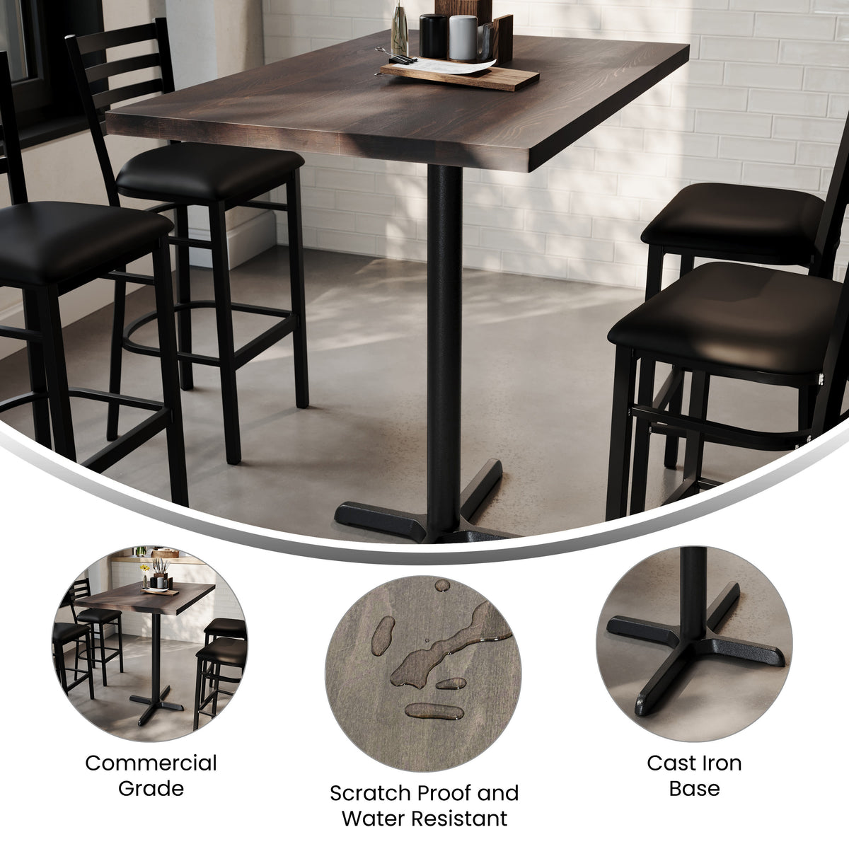 Dark Brown Top/Black Base |#| Commercial 30x48 DK BN Wood Table-23.5x 29.5 Bar Height Black Cast Iron X Base