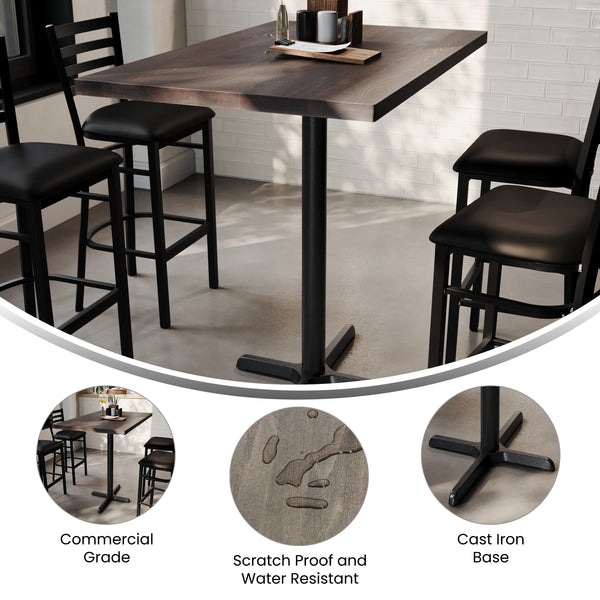 Dark Brown Top/Black Base |#| Commercial 30x48 DK BN Wood Table-23.5x 29.5 Bar Height Black Cast Iron X Base