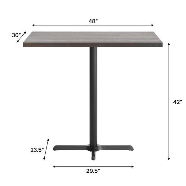 Dark Brown Top/Black Base |#| Commercial 30x48 DK BN Wood Table-23.5x 29.5 Bar Height Black Cast Iron X Base