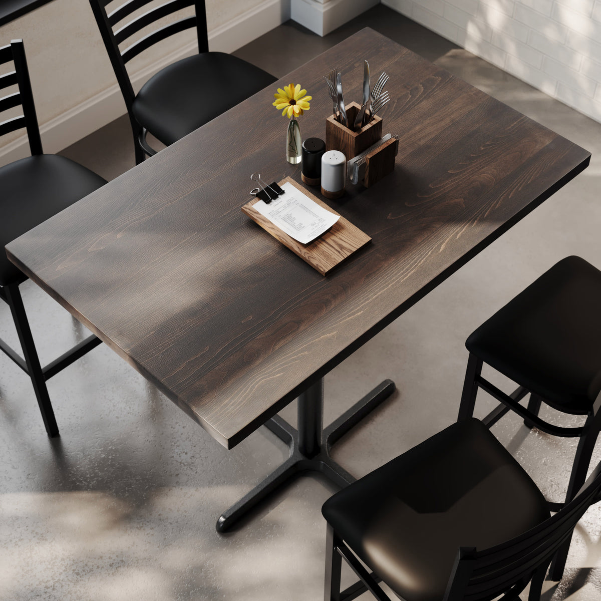 Dark Brown Top/Black Base |#| Commercial 30x48 DK BN Wood Table-23.5x 29.5 Bar Height Black Cast Iron X Base