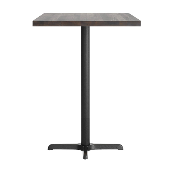 Dark Brown Top/Black Base |#| Commercial 30x48 DK BN Wood Table-23.5x 29.5 Bar Height Black Cast Iron X Base