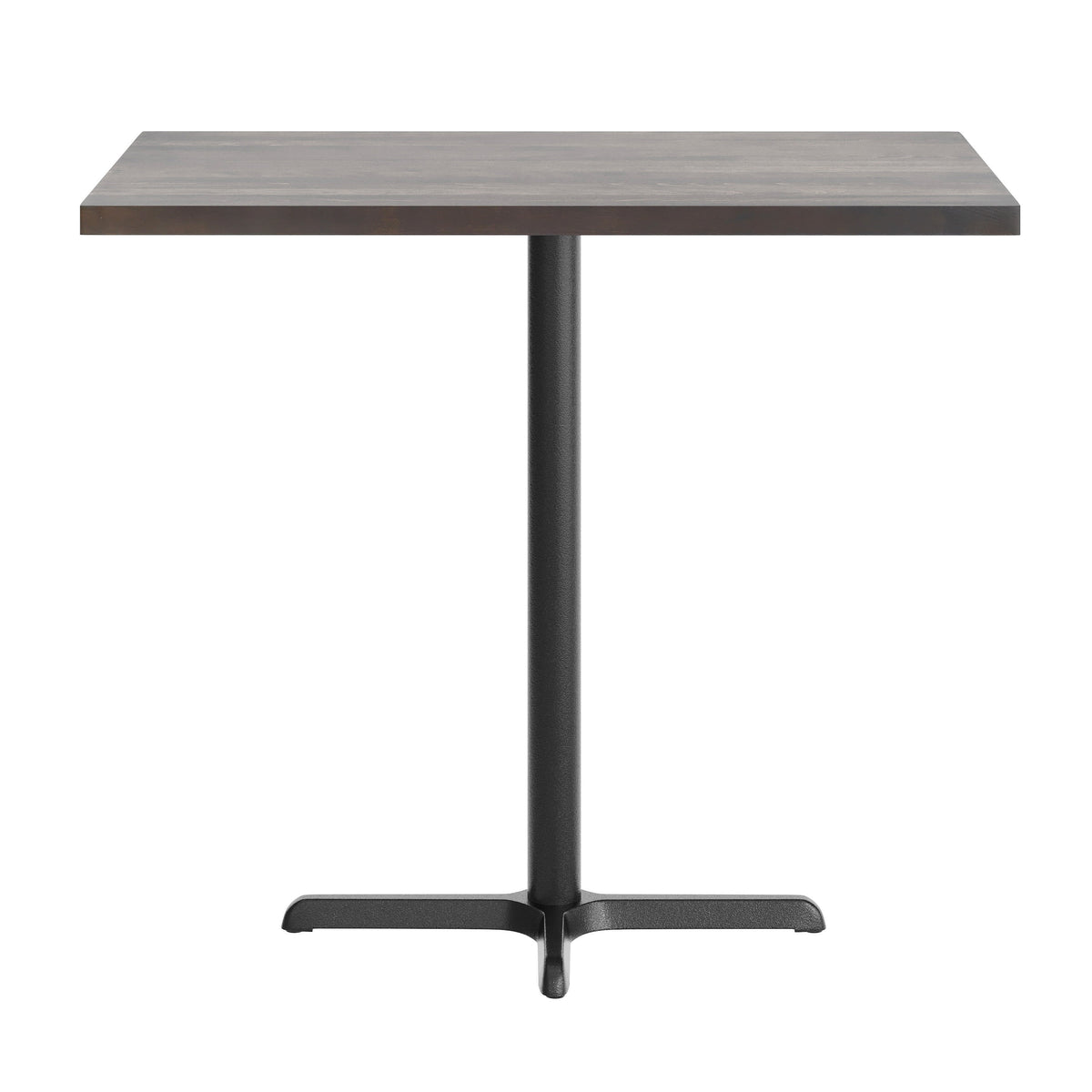Dark Brown Top/Black Base |#| Commercial 30x48 DK BN Wood Table-23.5x 29.5 Bar Height Black Cast Iron X Base