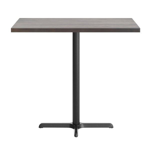 Dark Brown Top/Black Base |#| Commercial 30x48 DK BN Wood Table-23.5x 29.5 Bar Height Black Cast Iron X Base