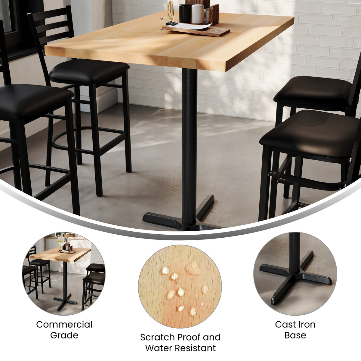 Natural Top/Black Base |#| Commercial 30x48 NAT Wood Table-23.5x 29.5 Bar Height Black Cast Iron X Base