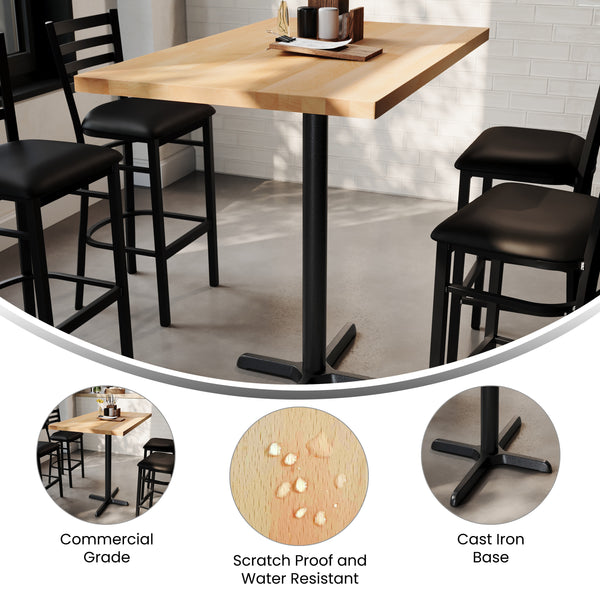 Natural Top/Black Base |#| Commercial 30x48 NAT Wood Table-23.5x 29.5 Bar Height Black Cast Iron X Base