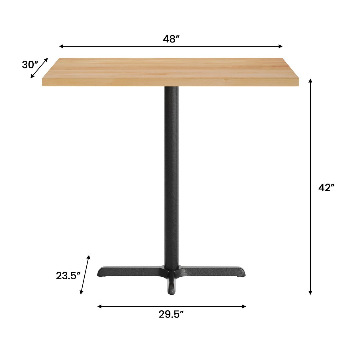 Natural Top/Black Base |#| Commercial 30x48 NAT Wood Table-23.5x 29.5 Bar Height Black Cast Iron X Base