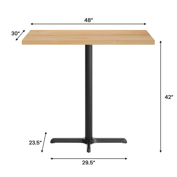 Natural Top/Black Base |#| Commercial 30x48 NAT Wood Table-23.5x 29.5 Bar Height Black Cast Iron X Base