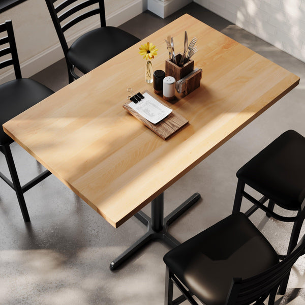 Natural Top/Black Base |#| Commercial 30x48 NAT Wood Table-23.5x 29.5 Bar Height Black Cast Iron X Base