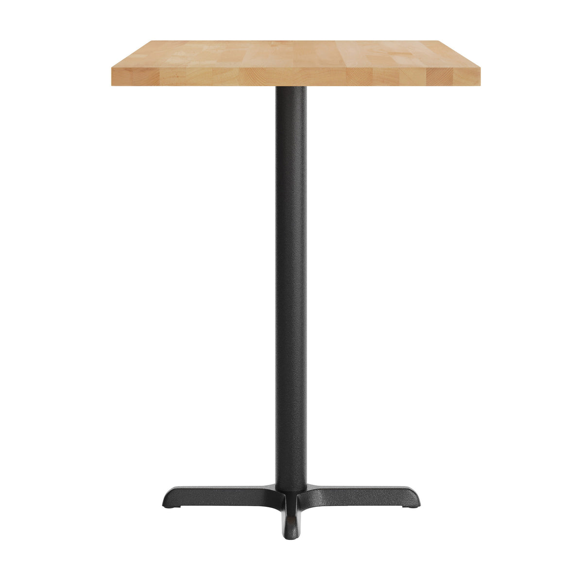 Natural Top/Black Base |#| Commercial 30x48 NAT Wood Table-23.5x 29.5 Bar Height Black Cast Iron X Base