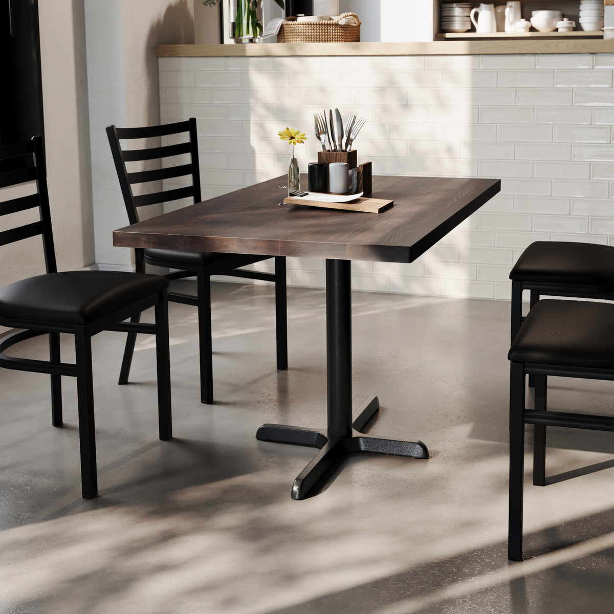 Dark Brown Top/Black Base |#| Commercial 30x48 DK BN Wood Table-23.5x 29.5 Table Height Black Cast Iron X Base