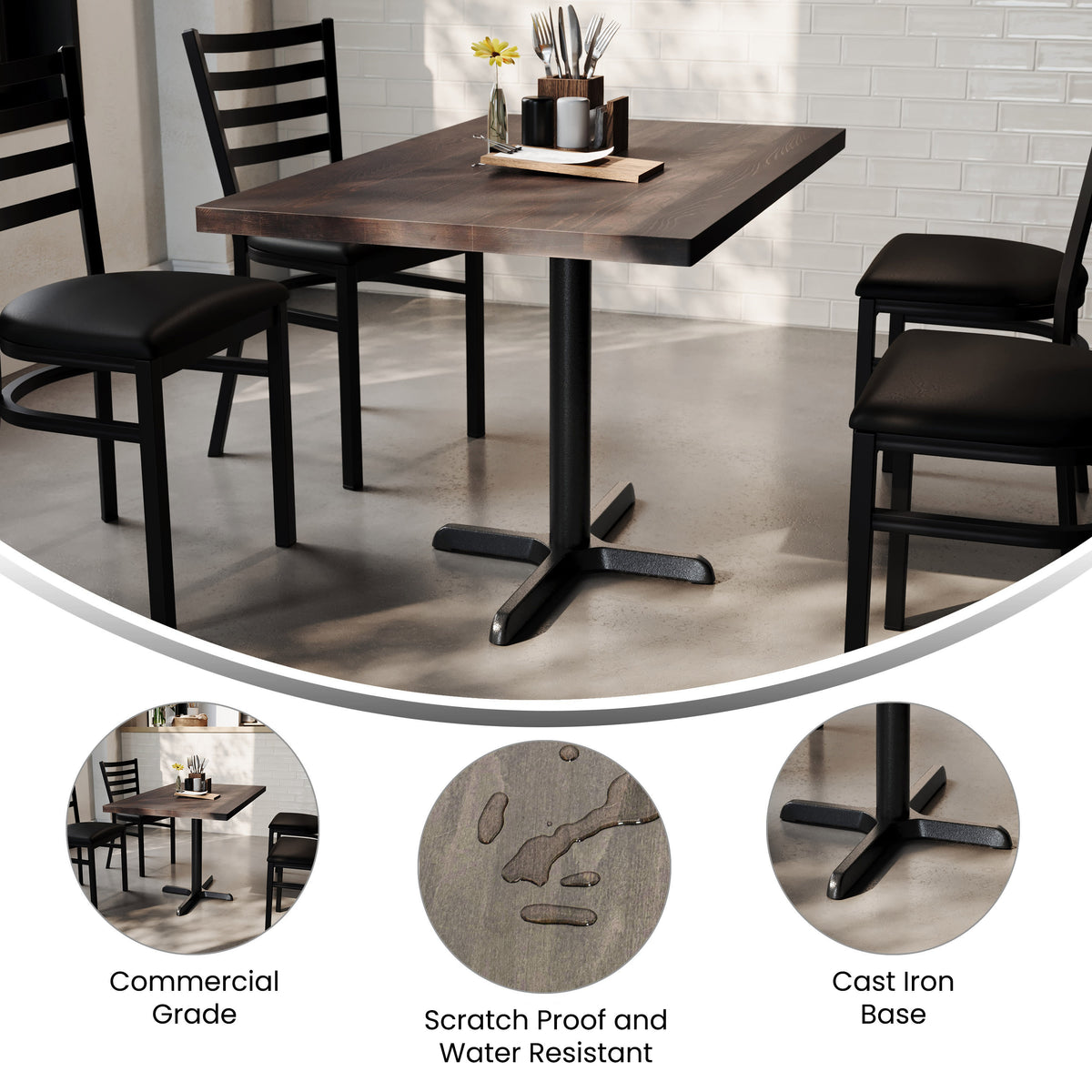 Dark Brown Top/Black Base |#| Commercial 30x48 DK BN Wood Table-23.5x 29.5 Table Height Black Cast Iron X Base