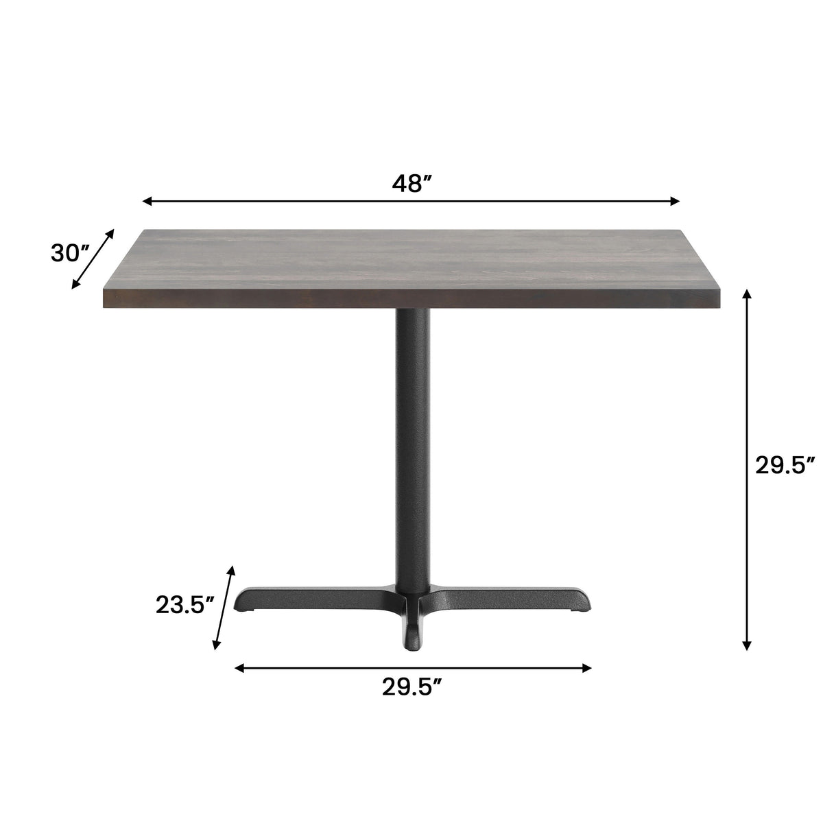 Dark Brown Top/Black Base |#| Commercial 30x48 DK BN Wood Table-23.5x 29.5 Table Height Black Cast Iron X Base