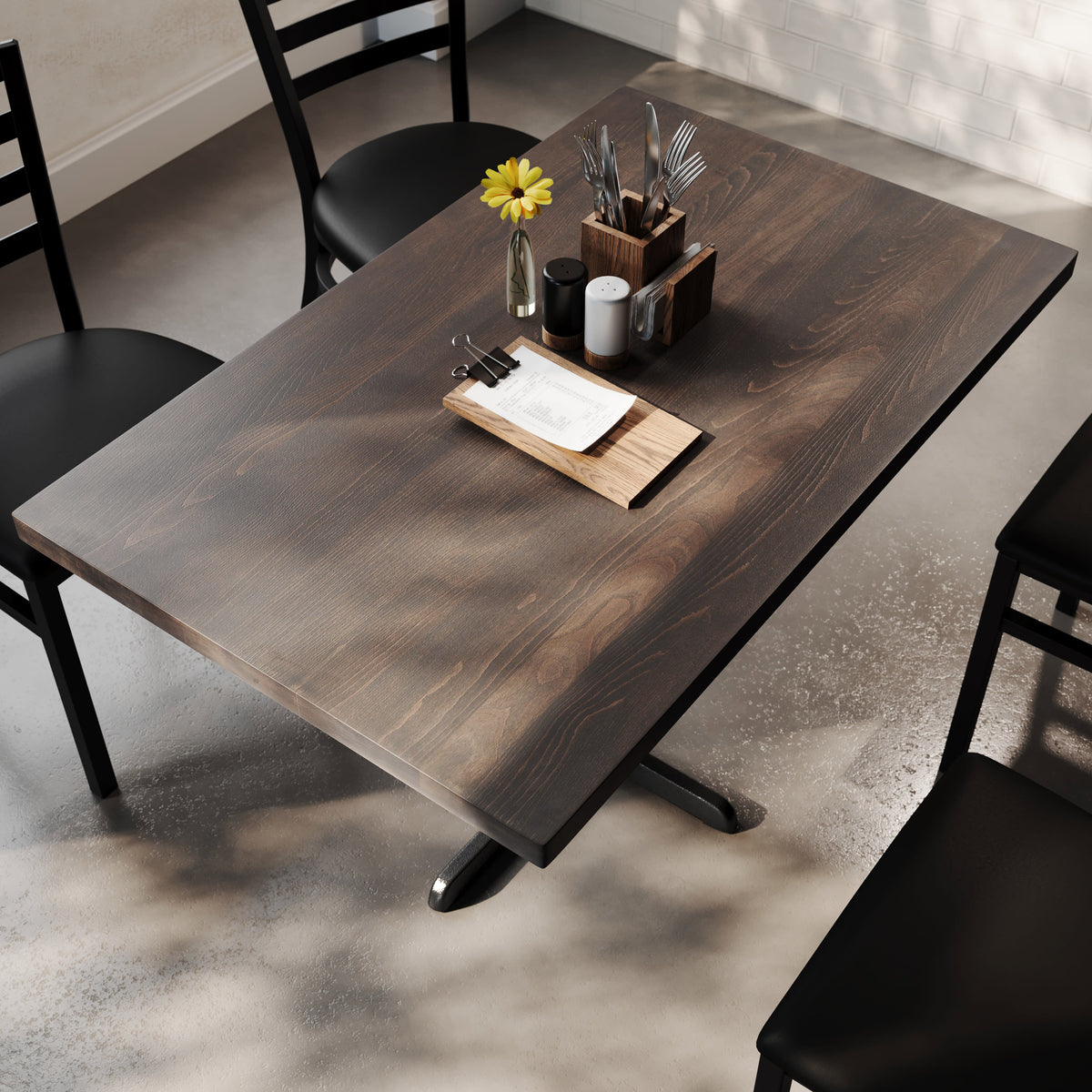 Dark Brown Top/Black Base |#| Commercial 30x48 DK BN Wood Table-23.5x 29.5 Table Height Black Cast Iron X Base