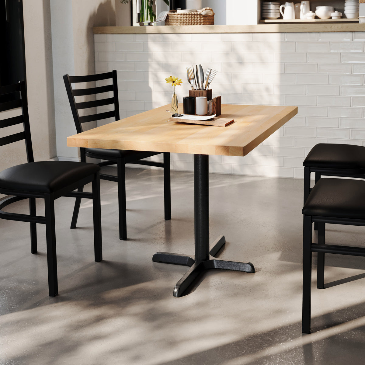 Natural Top/Black Base |#| Commercial 30x48 NAT Wood Table-23.5x 29.5 Table Height Black Cast Iron X Base