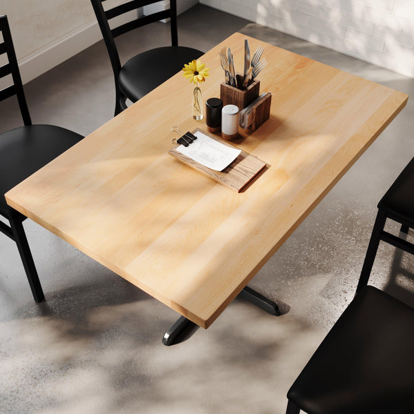 Natural Top/Black Base |#| Commercial 30x48 NAT Wood Table-23.5x 29.5 Table Height Black Cast Iron X Base