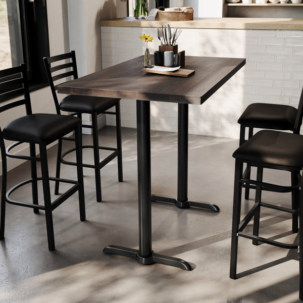 Dark Brown Top/Black Base |#| Commercial 30x48 DK Brown Wood Tabletop-5x22 Bar Height Black Cast Iron T Bases