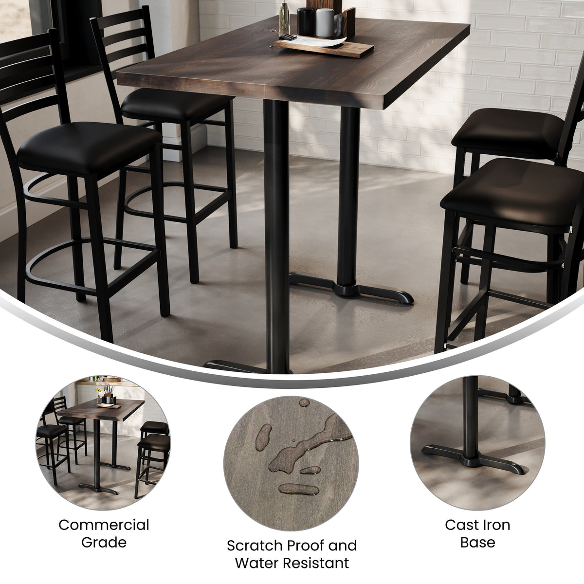 Dark Brown Top/Black Base |#| Commercial 30x48 DK Brown Wood Tabletop-5x22 Bar Height Black Cast Iron T Bases