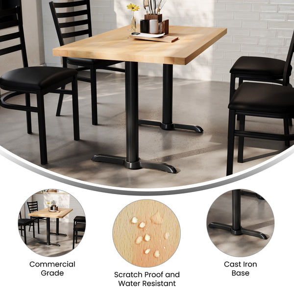 Natural Top/Black Base |#| Commercial 30x48 NAT Wood Tabletop-5x22 Table Height Black Cast Iron T Bases