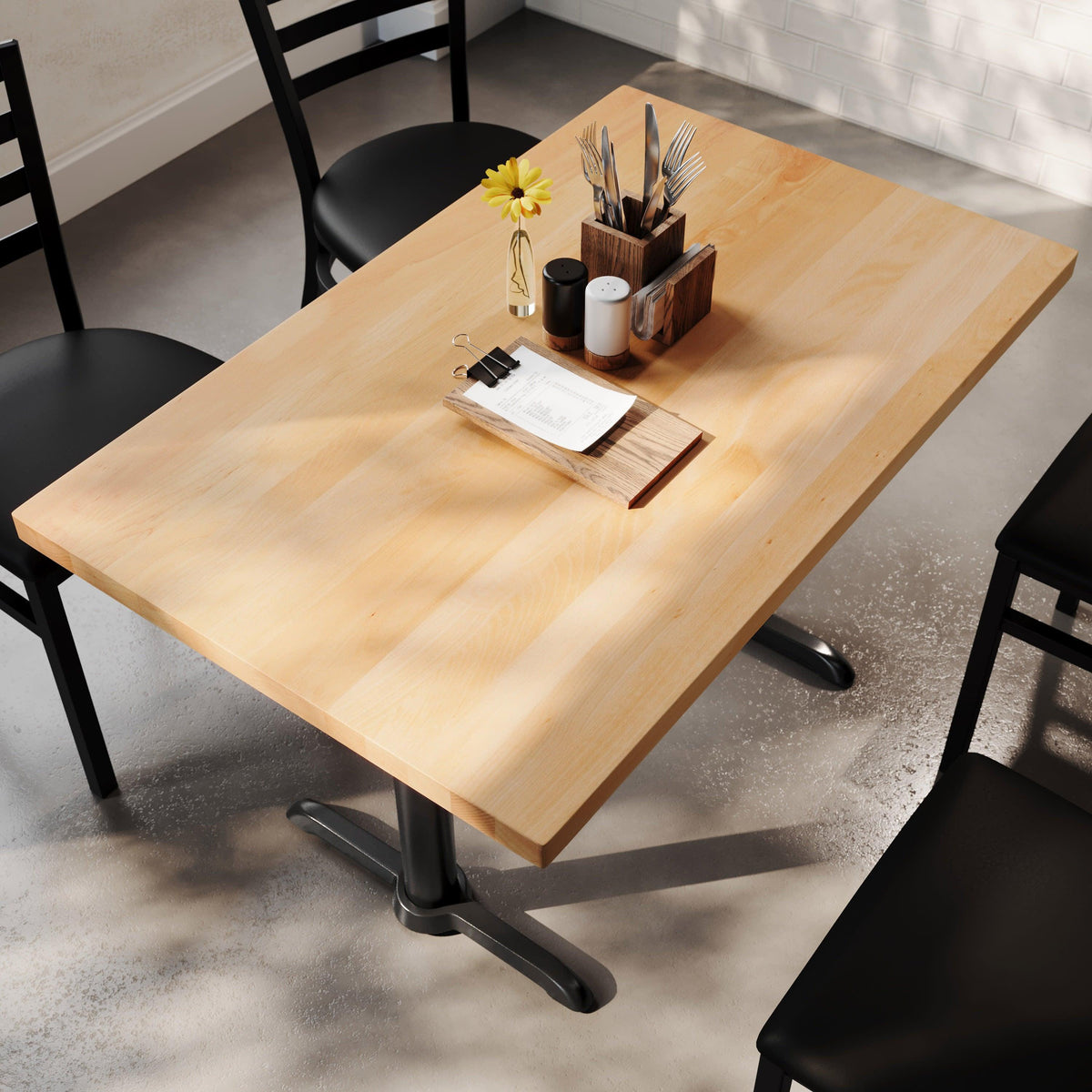 Natural Top/Black Base |#| Commercial 30x48 NAT Wood Tabletop-5x22 Table Height Black Cast Iron T Bases