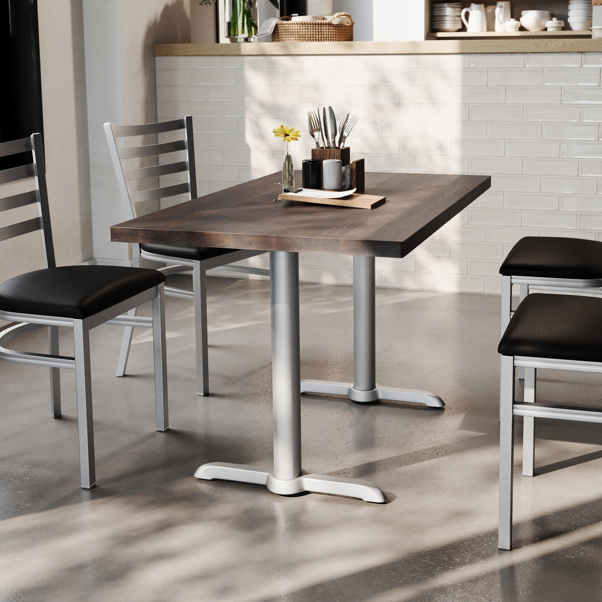 Dark Brown Top/Silver Base |#| Commercial 30x48 DK BN Wood Tabletop-5x22 Table Height Silver Cast Iron T Bases