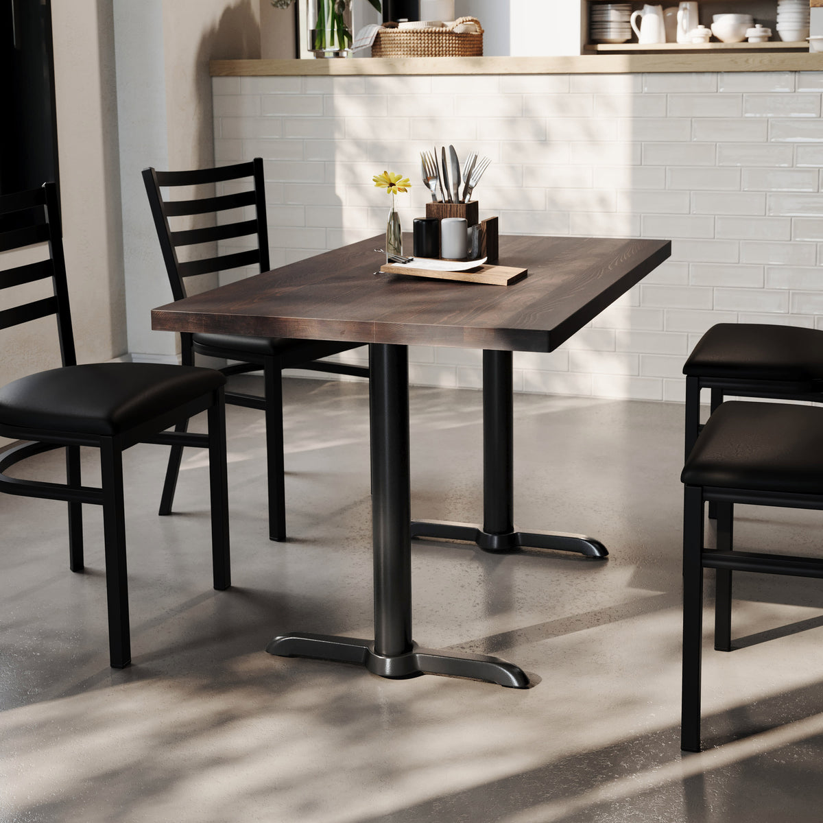 Dark Brown Top/Black Base |#| Commercial 30x48 DK BN Wood Tabletop-5x22 Table Height Black Cast Iron T Bases