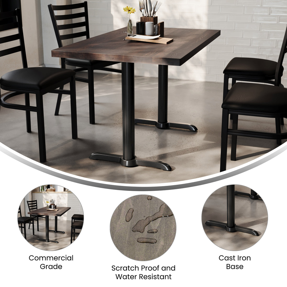 Dark Brown Top/Black Base |#| Commercial 30x48 DK BN Wood Tabletop-5x22 Table Height Black Cast Iron T Bases