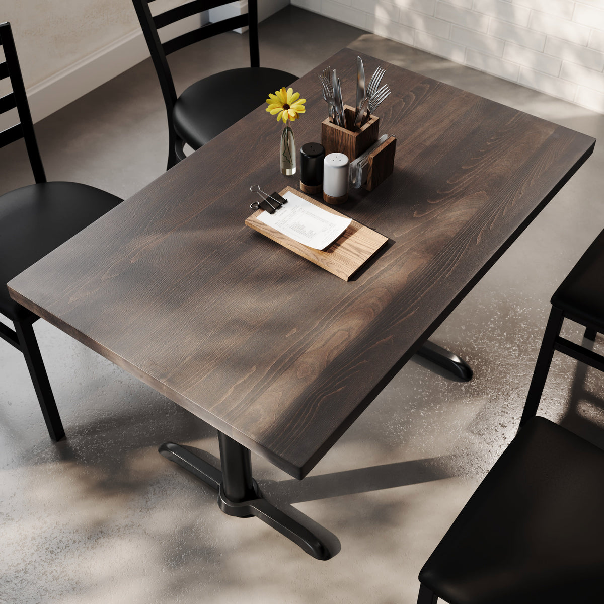 Dark Brown Top/Black Base |#| Commercial 30x48 DK BN Wood Tabletop-5x22 Table Height Black Cast Iron T Bases