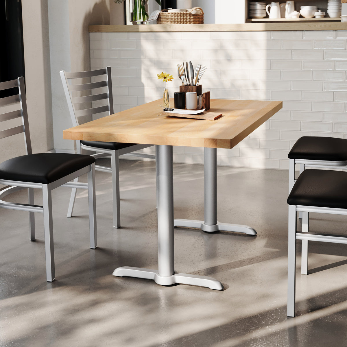 Natural Top/Silver Base |#| Commercial 30x48 NAT Wood Tabletop-5x22 Table Height Silver Cast Iron T Bases