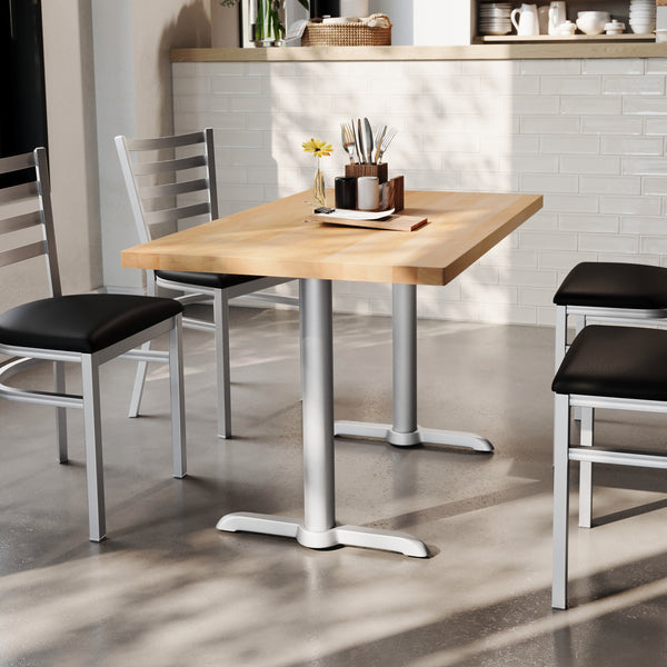 Natural Top/Silver Base |#| Commercial 30x48 NAT Wood Tabletop-5x22 Table Height Silver Cast Iron T Bases