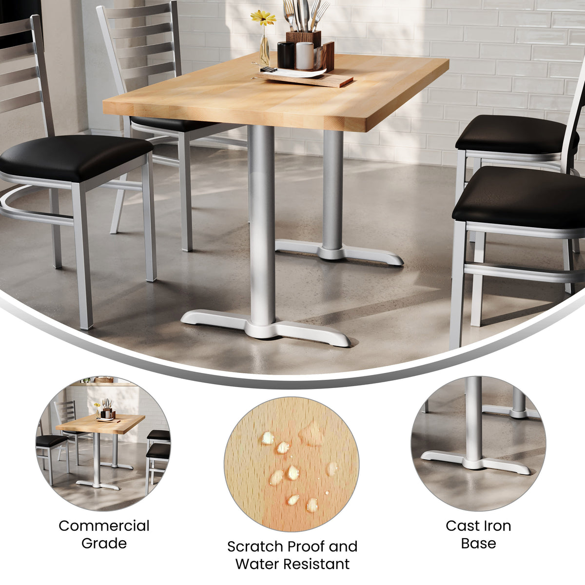 Natural Top/Silver Base |#| Commercial 30x48 NAT Wood Tabletop-5x22 Table Height Silver Cast Iron T Bases