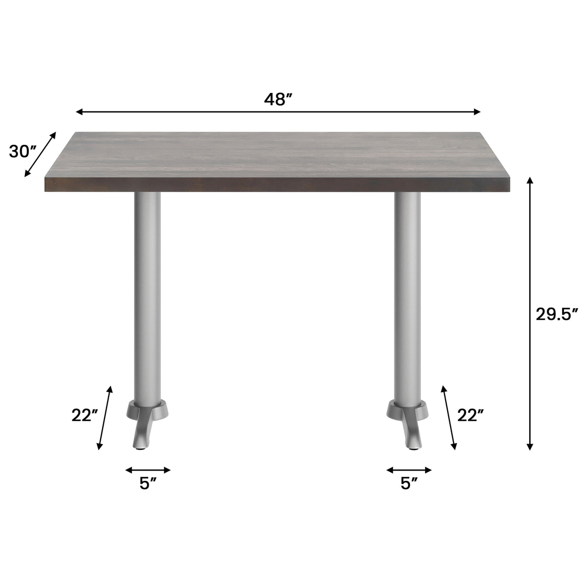 Dark Brown Top/Silver Base |#| Commercial 30x48 DK BN Wood Tabletop-5x22 Table Height Silver Cast Iron T Bases