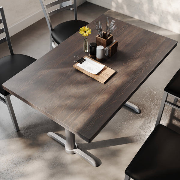 Dark Brown Top/Silver Base |#| Commercial 30x48 DK BN Wood Tabletop-5x22 Table Height Silver Cast Iron T Bases