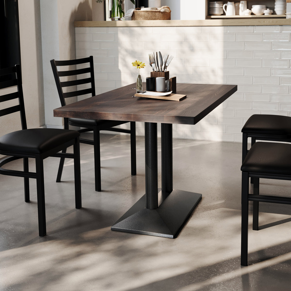 Dark Brown Top/Black Base |#| Commercial 30x48 Brown Table-27x15 Dual Column Table Height Black Cast Iron Base